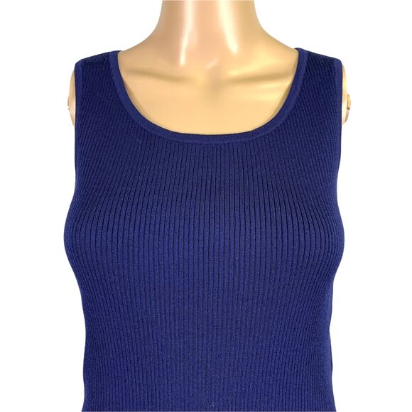 St. John Navy Blue Ribbed Scoop Neck Sleeveless Sweater - Picture 3 of 12